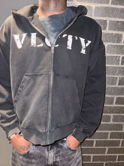 VLCTY "BLACK DESTROYED ZIP UP"